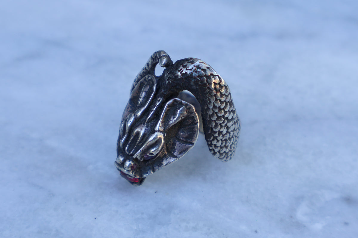 Large Mid Century Cobra Garnet Stone Inlaid Snake Ring Size-12