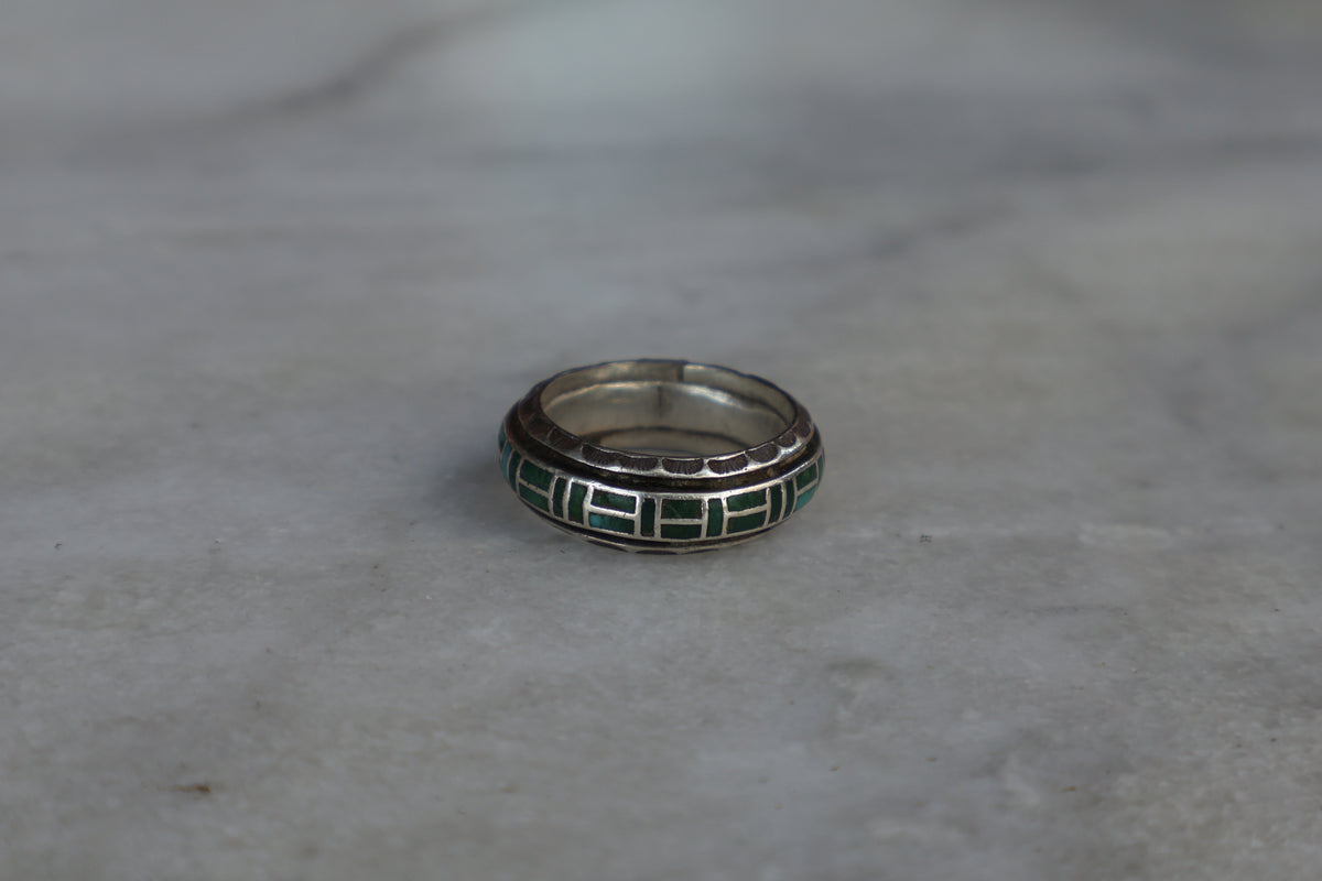 Mid Century High End Turquoise Inlay Band 40 Plus Inlaid Pieces Size-9