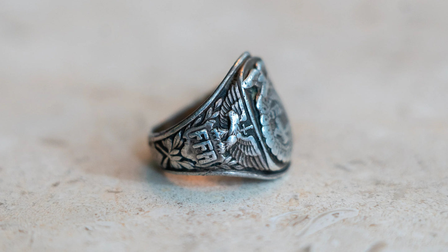 Heavy MidCentury FFA Eagle Motif Ring Size-10