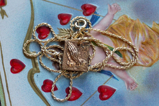 1970s Praying Hands Charm on 14k Plated Woven Chain