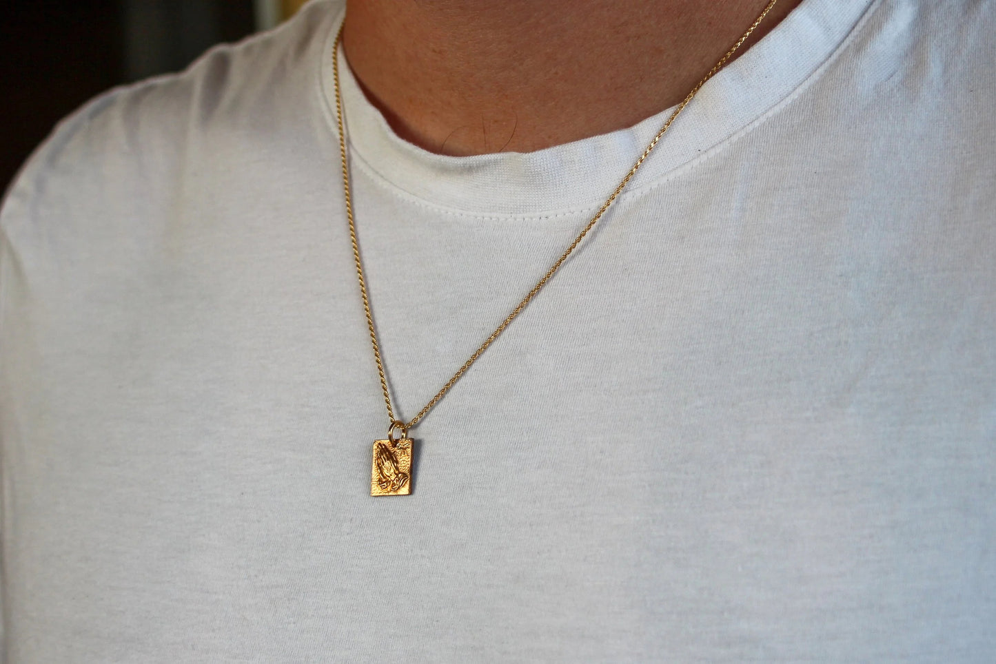 1970s Praying Hands Charm on 14k Plated Woven Chain