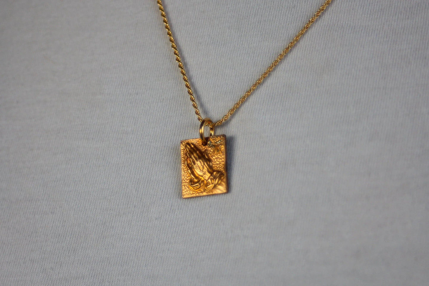 1970s Praying Hands Charm on 14k Plated Woven Chain