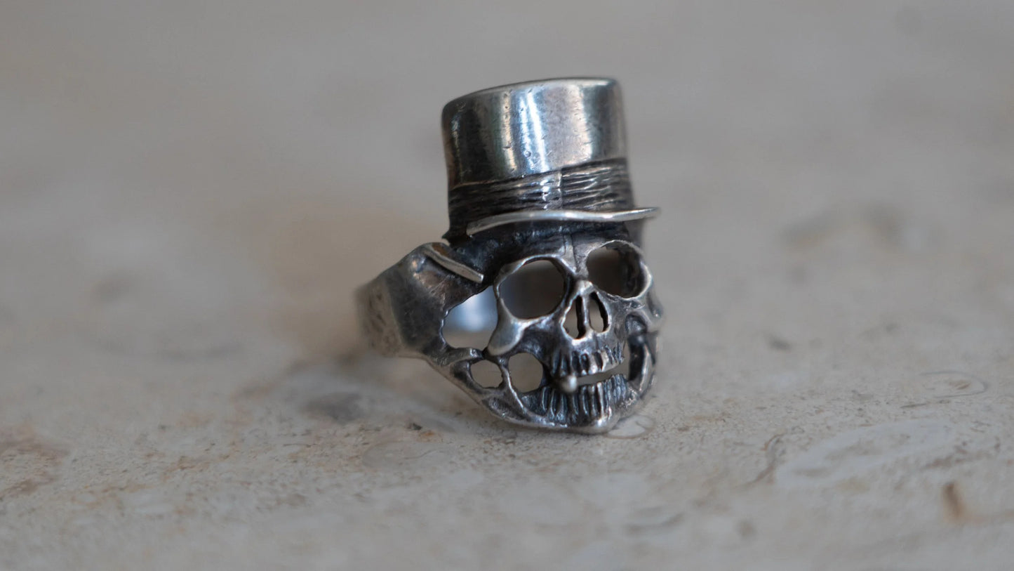 1980s Solid Sterling "Mr. Lucky" Skull Biker Ring Size-11