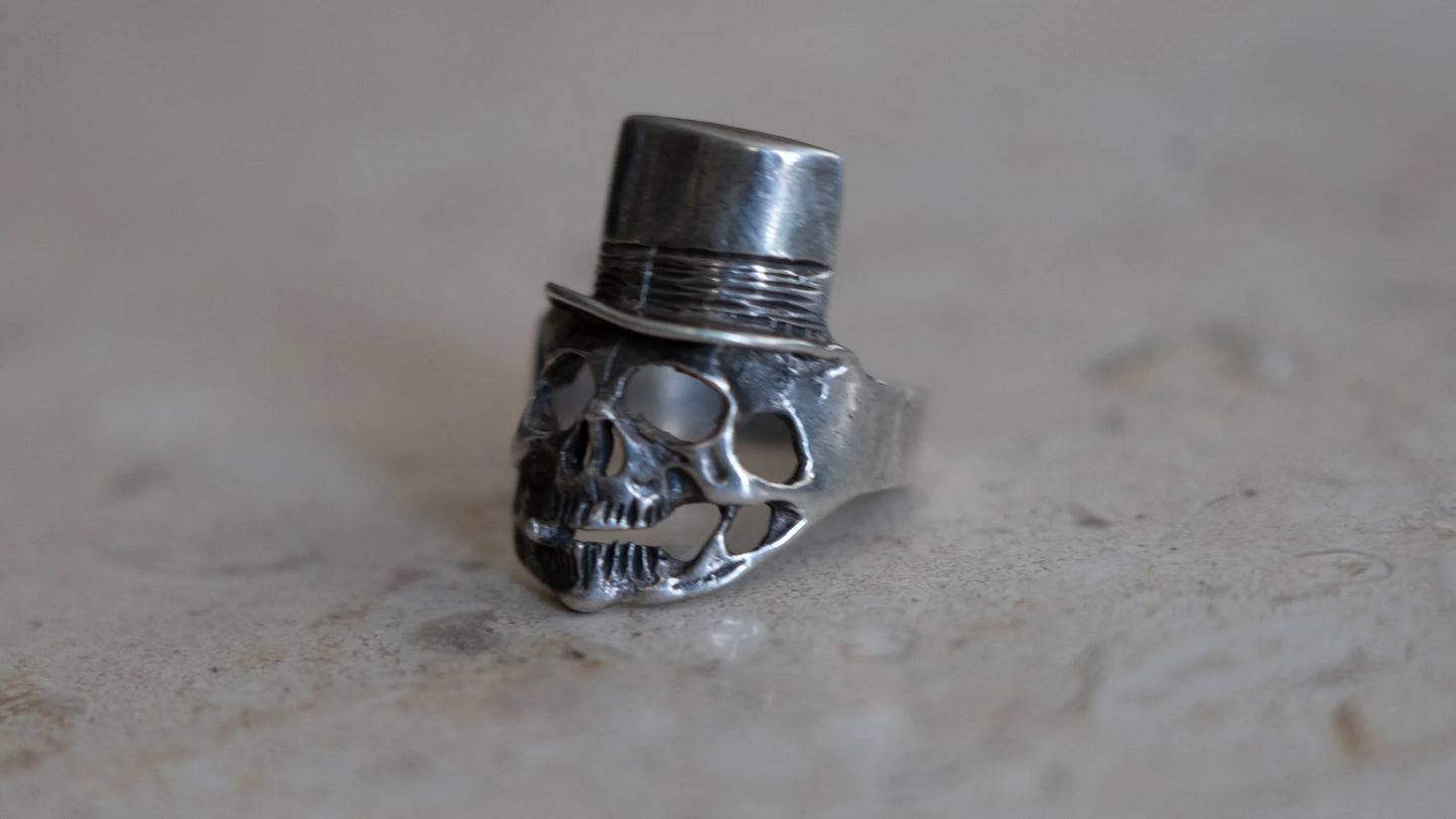 1980s Solid Sterling "Mr. Lucky" Skull Biker Ring Size-11