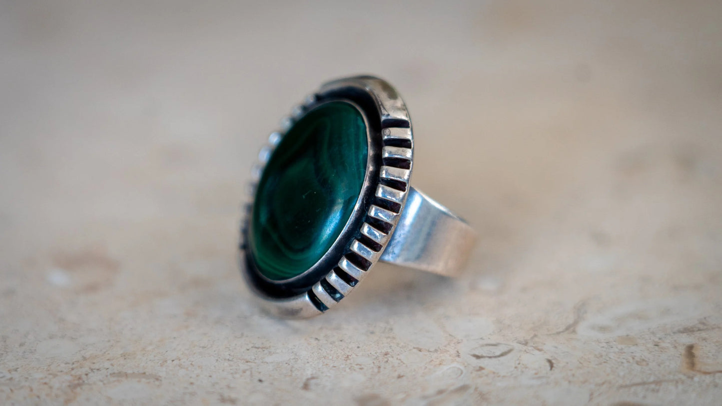 Heavy Symmetrical Malachite Old Pawn Ring Size-9