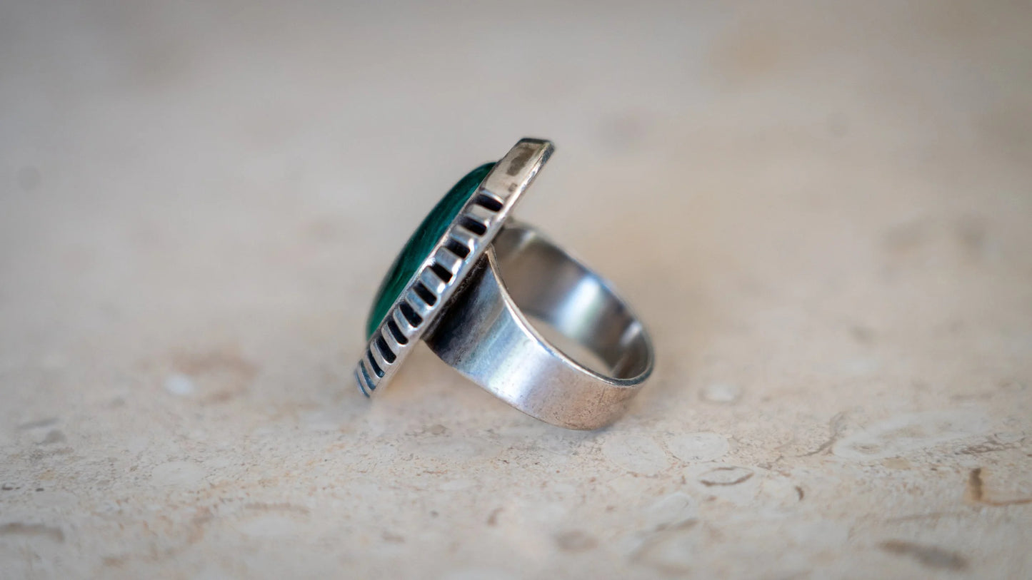 Heavy Symmetrical Malachite Old Pawn Ring Size-9