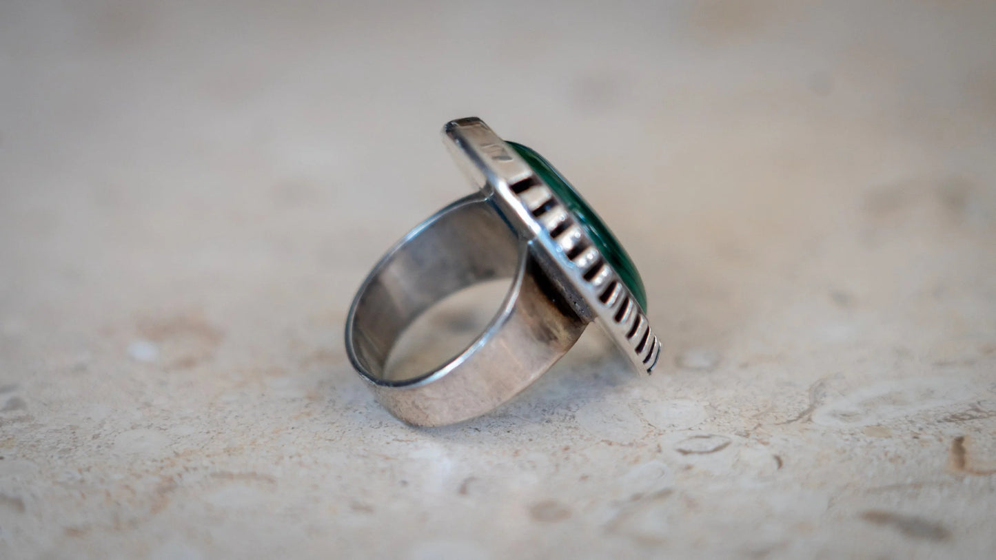 Heavy Symmetrical Malachite Old Pawn Ring Size-9
