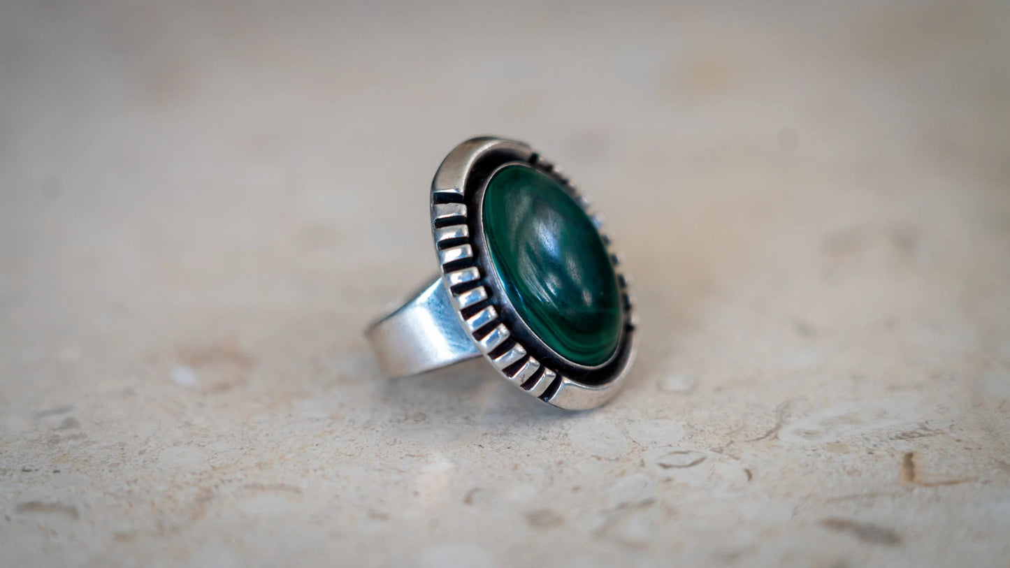 Heavy Symmetrical Malachite Old Pawn Ring Size-9