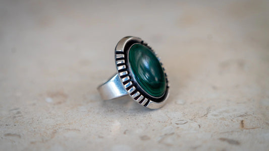 Heavy Symmetrical Malachite Old Pawn Ring Size-9