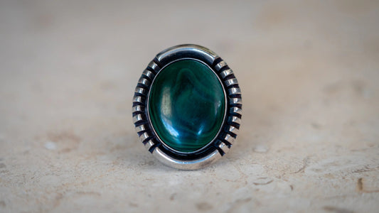 Heavy Symmetrical Malachite Old Pawn Ring Size-9