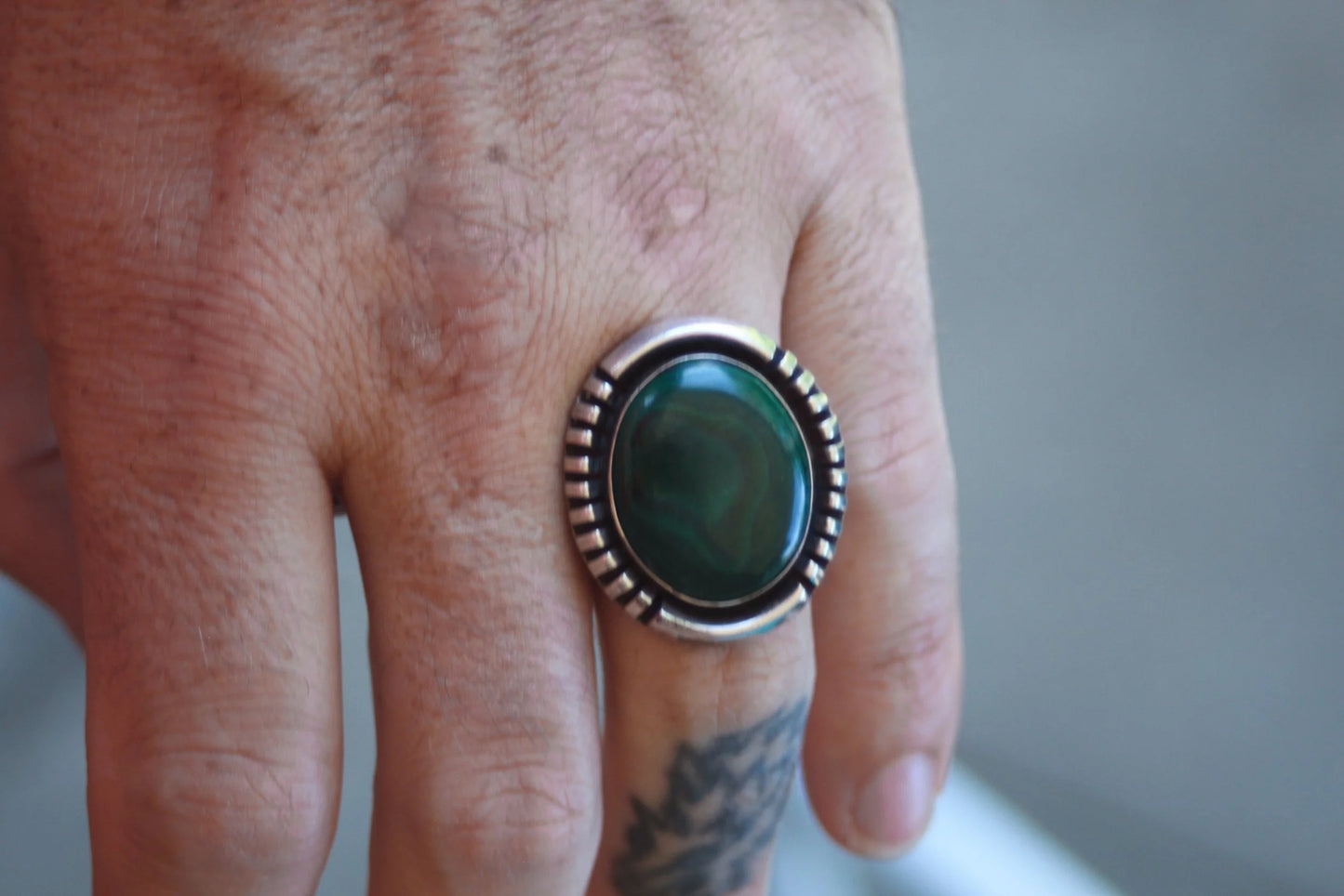 Heavy Symmetrical Malachite Old Pawn Ring Size-9