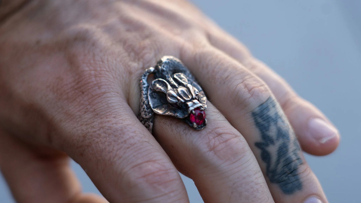 Large Mid Century Cobra Garnet Stone Snake Ring Size-13