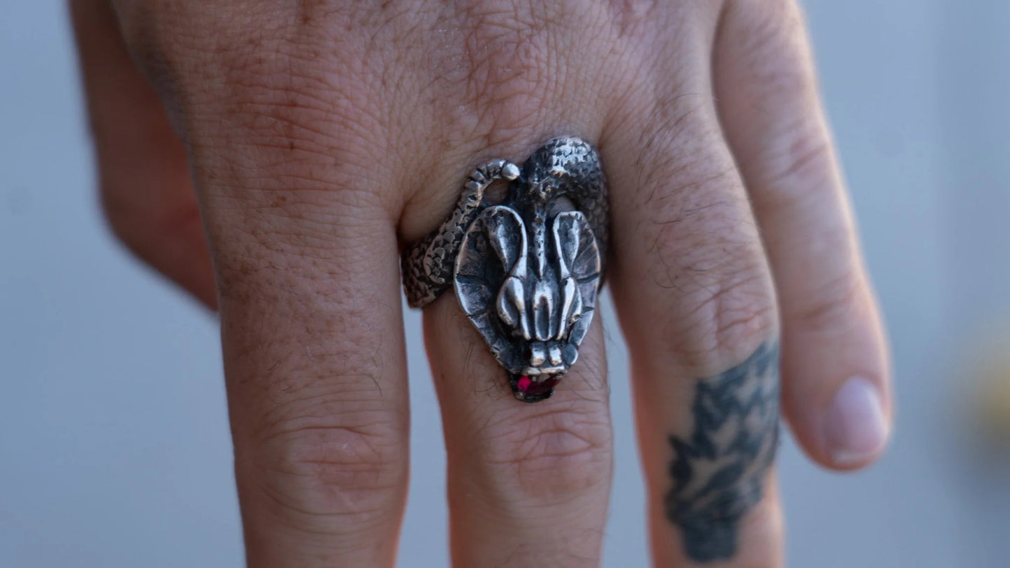 Large Mid Century Cobra Garnet Stone Snake Ring Size-13