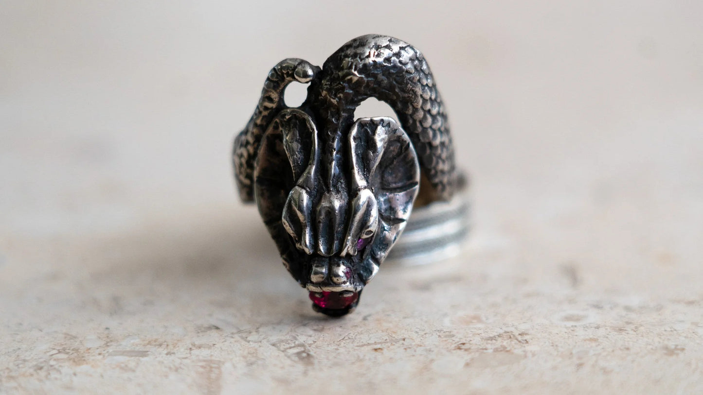 Large Mid Century Cobra Garnet Stone Snake Ring Size-13
