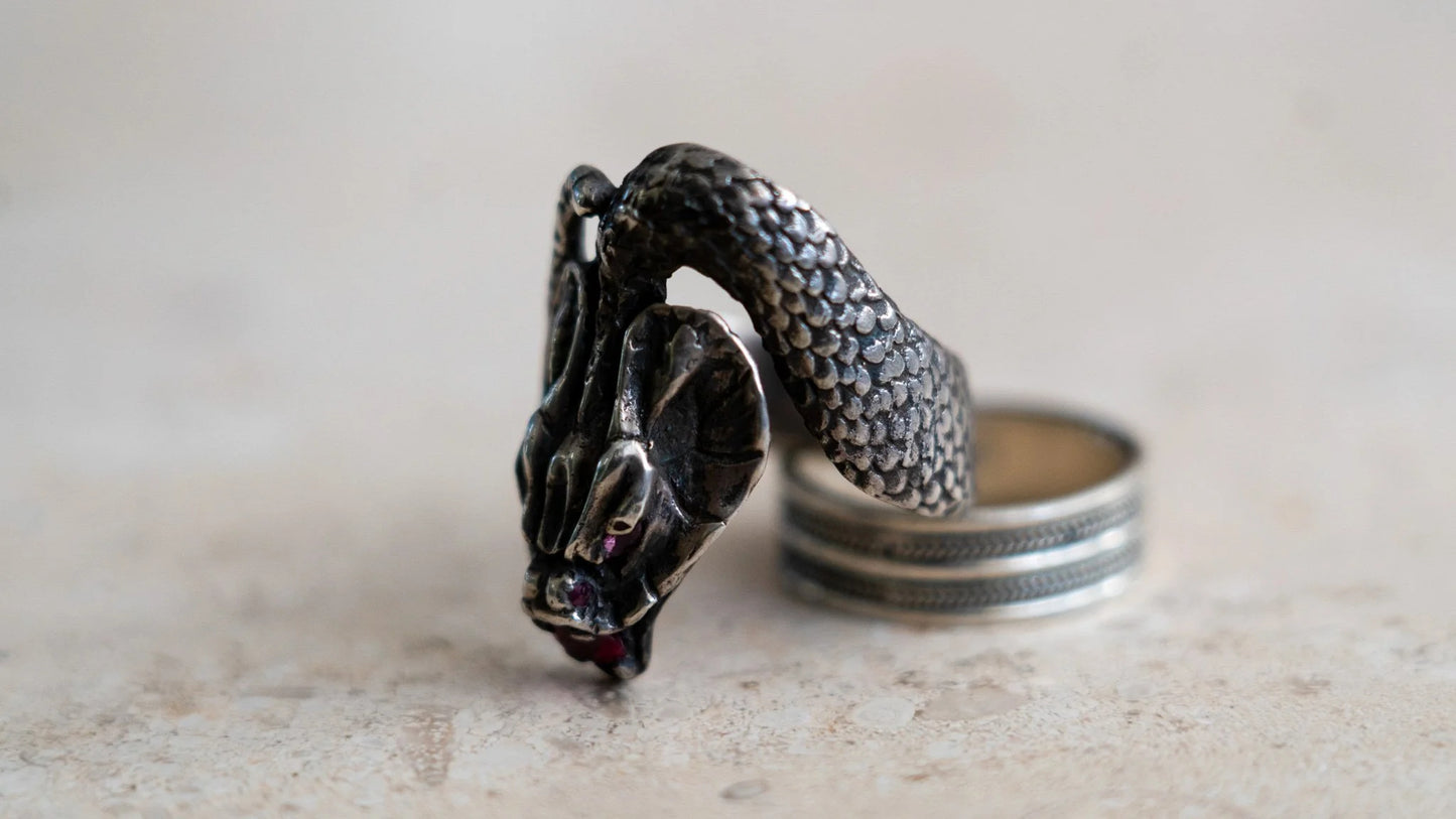 Large Mid Century Cobra Garnet Stone Snake Ring Size-13